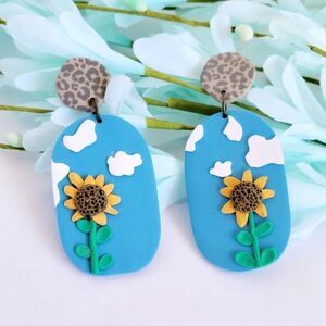 Clay earrings, handmade, sunflower earrings, blue sky, dangle earrings
